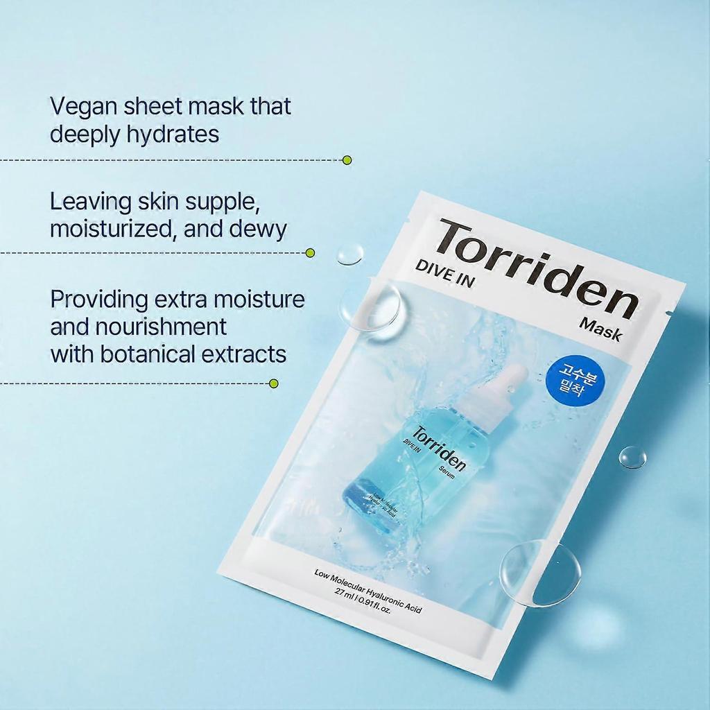 Masque Tissu Acide Hyaluronique Dive-In Torriden (10 pcs) - Masque Facial Hydratant 5D Coréen avec Panthénol & Allantoïne, Masque Visage Coréen