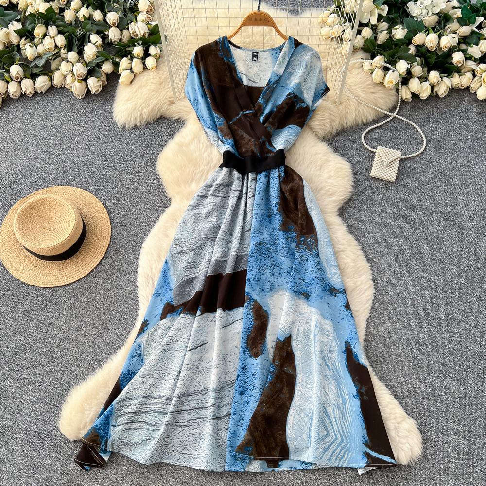 Commute Sleeveless Printed Dress Women Spring New High Waist Slim A Line Long Dress Luxury Design Sense