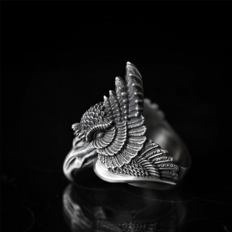 Adjustable Wide Open Ring With Dual Phoenix Motif Vintage Style Sterling Unisex Statement Jewelry