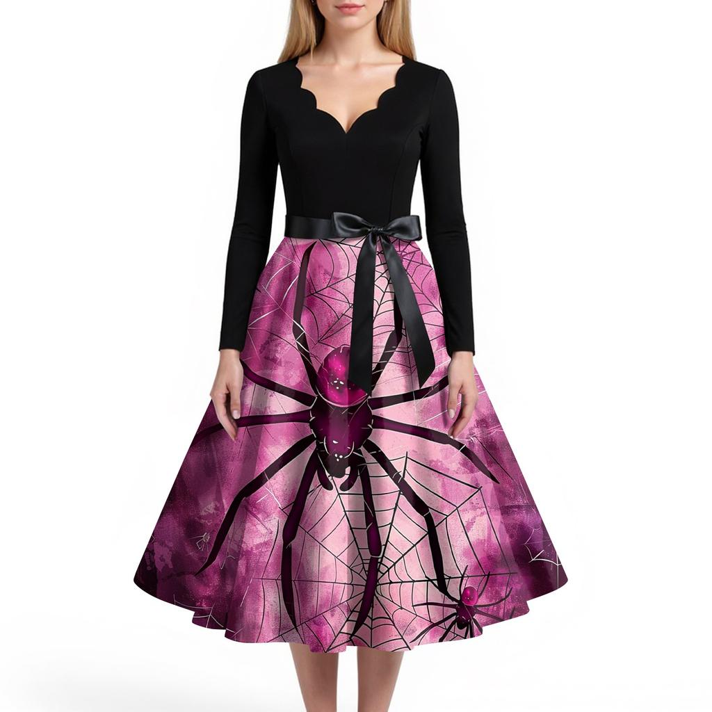 Women's Casual And Fashionable V-neck Long-sleeved Halloween Printed Dress