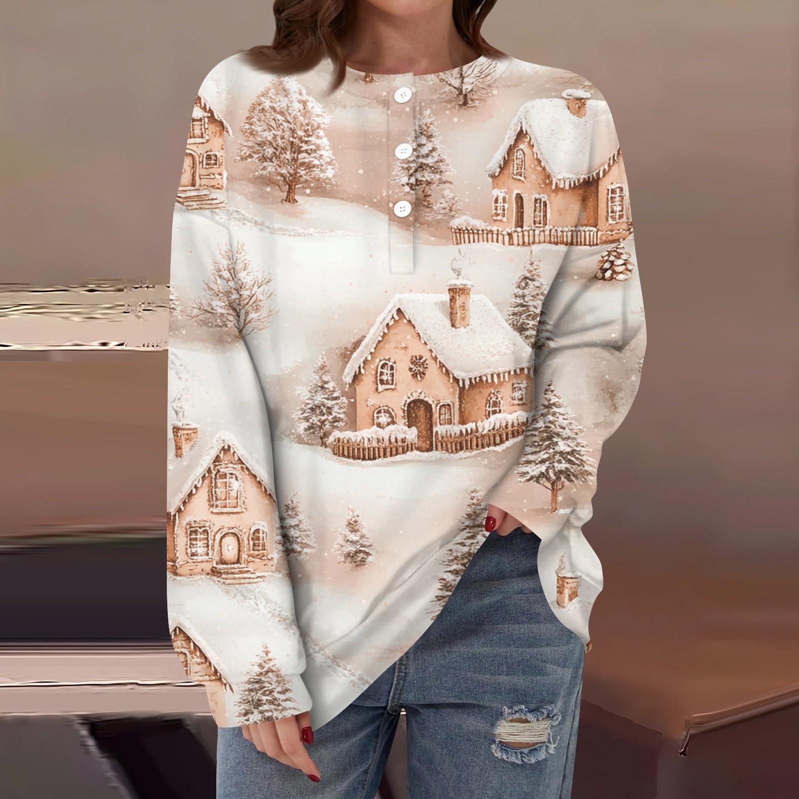 

Женская повседневная мода, удобная рождественская футболка с длинным рукавом, круглым вырезом, пуговицами, свободным подолом и боковыми разрезами XL фиолетовый