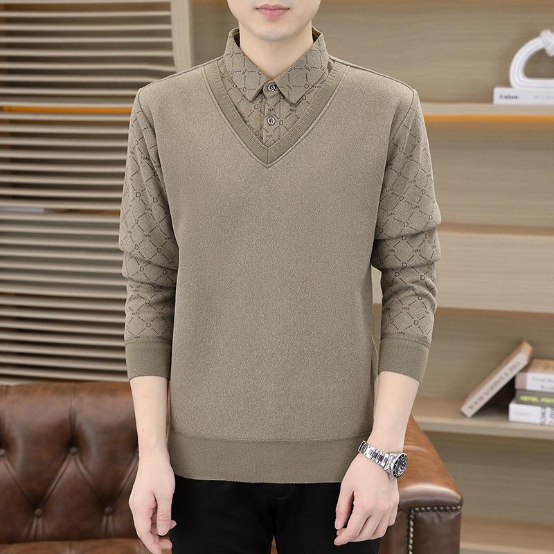 Men's Plush Velvet Sweater with Fake Two-Piece Shirt Collar