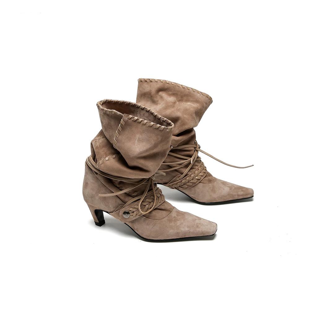 Sheepskin Version~ Nomadic Niche Suede Small Square Head High Heel Western Cowboy Boots Women's Pleated Thin Boots Medium Boots