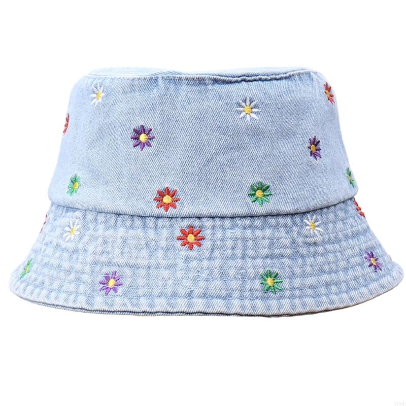 

Bright Colorful Flowers Decorated Jeans Bucket Hat Soft Fabric Travel Cap Fashion Outdoor Hat Perfect For Vacation Y08E светло-синий