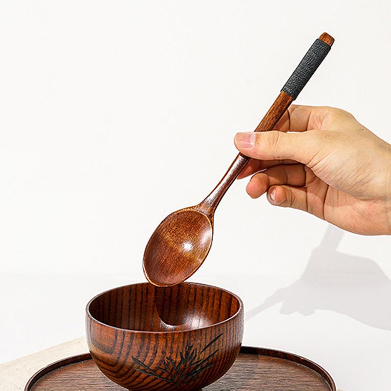 2Pcs Long Handle Wooden Spoons Korean Soup Spoon Dinner Tablespoon Rice Spoon Mixing Stirring Spoon for Tea Honey Wood Tableware
