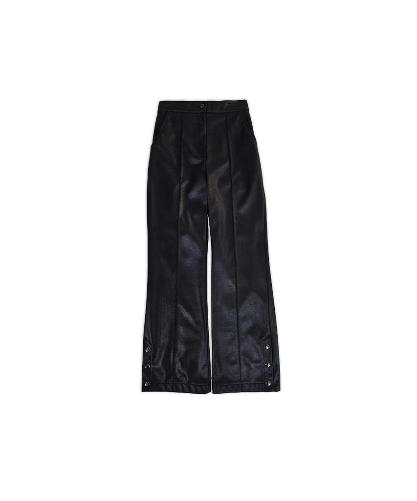 320SHOWROOM Faux Leather Side Slit Button Elastic Fleece-Lined Bootcut Pants Black