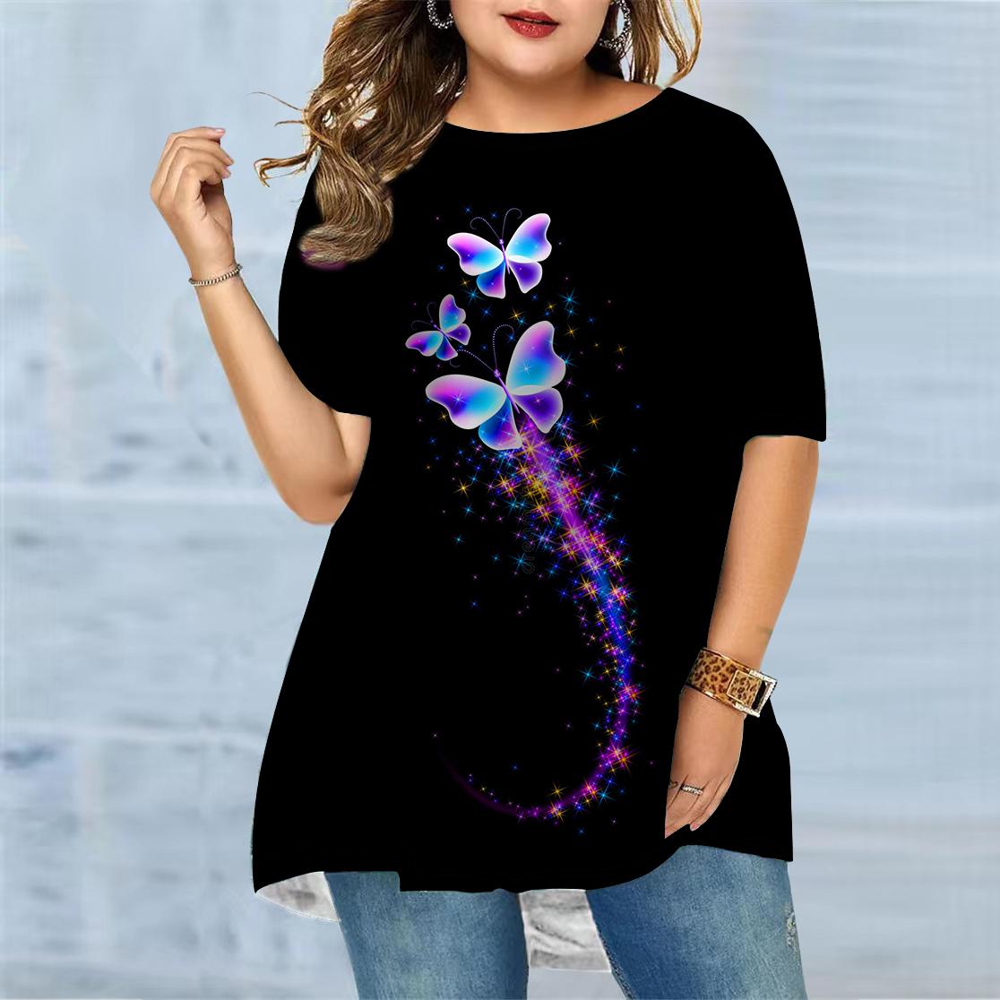 

Большие размеры Женская летняя двухцветная футболка с принтом бабочек, удобная, с короткими рукавами и круглым вырезом, повседневная мешковатая футболка средней длины 8XL разноцветный