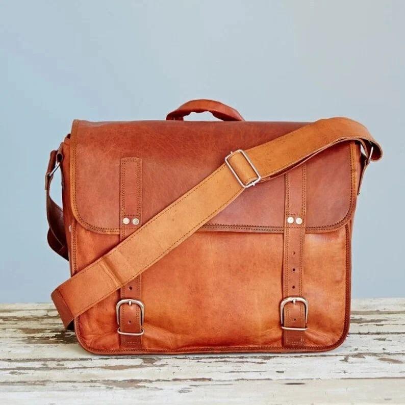 Genuine Vintage Brown Leather Messenger Bag Shoulder Laptop Bag Briefcase