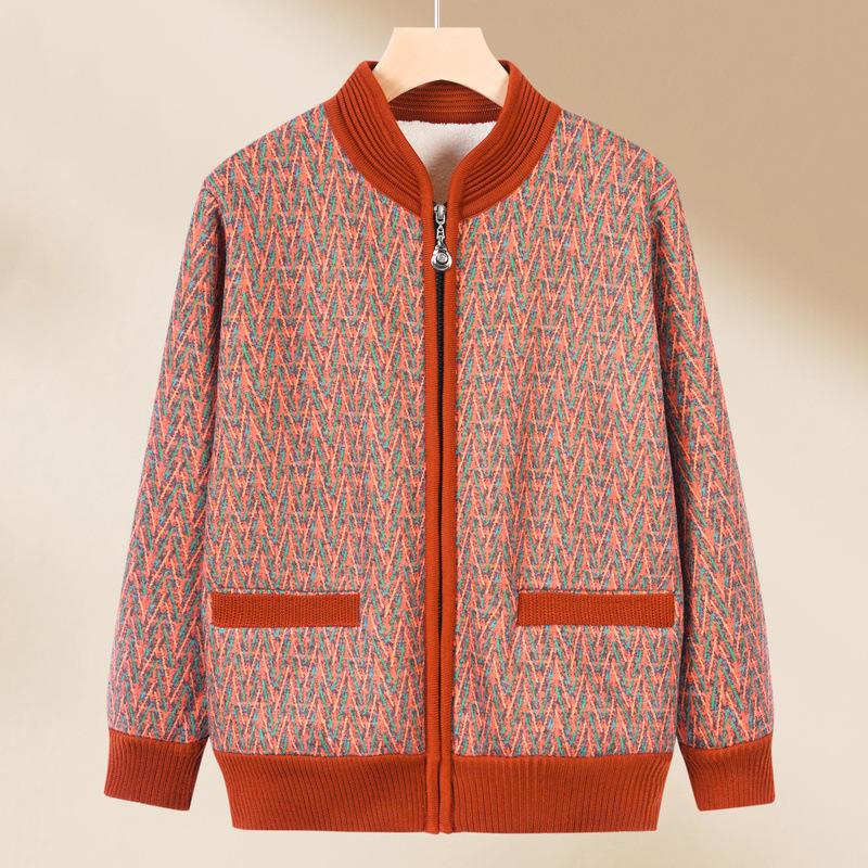 Mom Spring Knitted Sweater Women's New Middle-aged and Old Velvet Cardigan Top Spring and Autumn Grandma Sweater Jacket