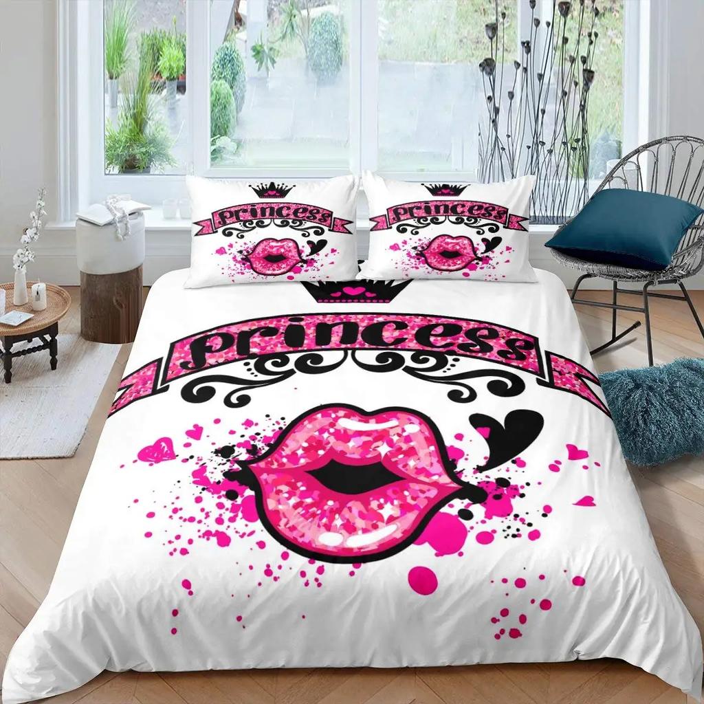 Red Lip King Queen Duvet Cover 3D Mouth Pattern Bedding Set For Adult Couples Lipstick Black Golden 2/3Pcs Polyester Quilt Cover