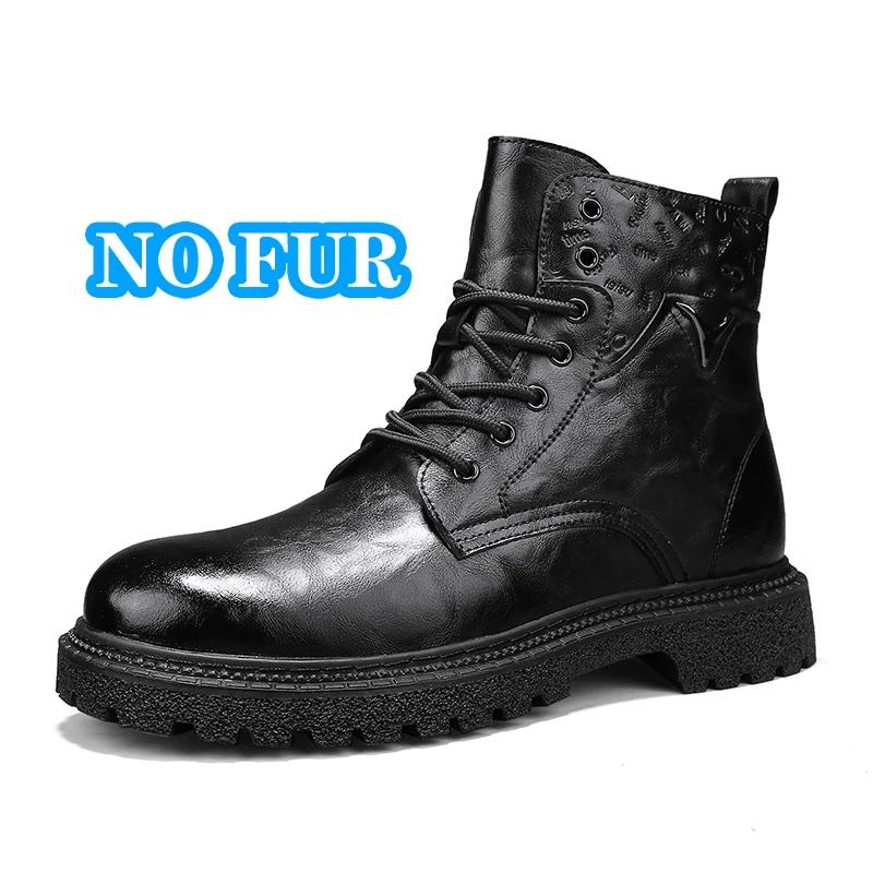 Fashion New Motorcycle Boots Casual Leather Men Walking Boots All-match Man High Top Shoes Fashion Brand Men Winter Plush Snow Boots 38