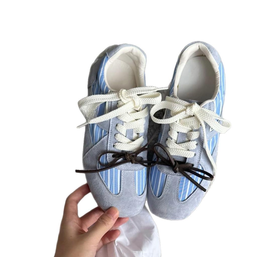 Retro blue striped German training shoes women's 2025 early autumn Forrest Gump shoes versatile breathable ballet sports and leisure white shoes