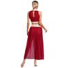 S-XL Womens Shiny Rhinestones Lyrical Dance Outfit Mock Neck Sleeveless Keyhole Back Crop Top with Side Split Flowy Mesh Skirt
