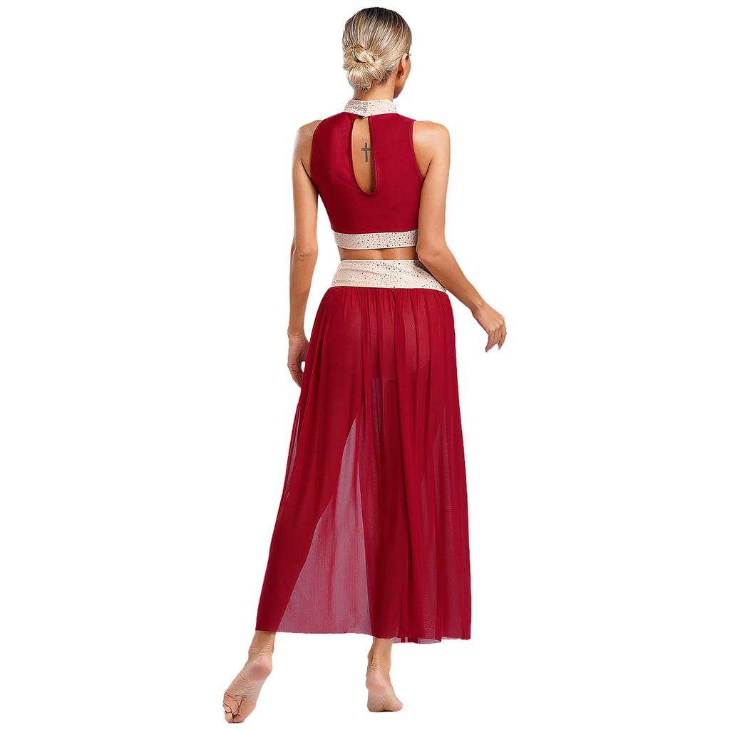 S-XL Womens Shiny Rhinestones Lyrical Dance Outfit Mock Neck Sleeveless Keyhole Back Crop Top with Side Split Flowy Mesh Skirt