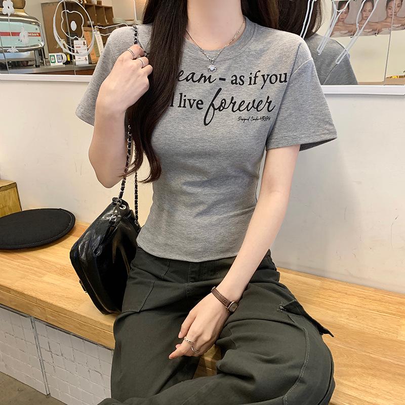 

Women s Slimming Gray Letter Print T-Shirt - Short-Sleeved, Slim Waist, Trendy Design. S - Premium серый
