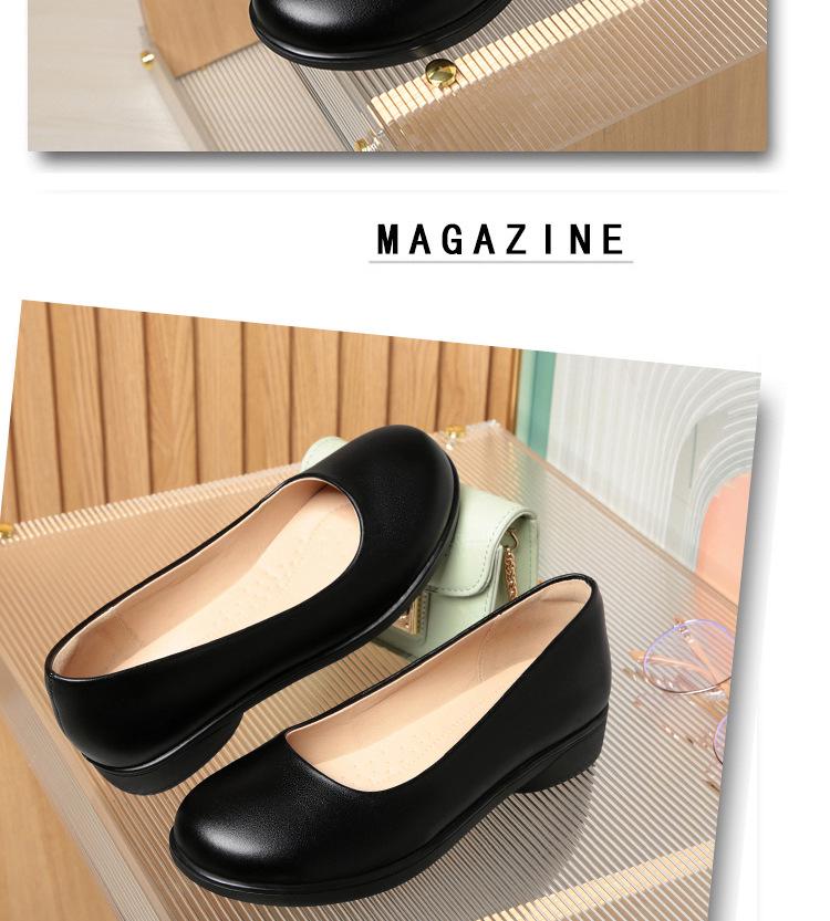 Women's Black Leather Non-Slip Flat Work Shoes - Comfortable Round Toe Design for Long Standing Hours, Soft Sole Professional Footwear.