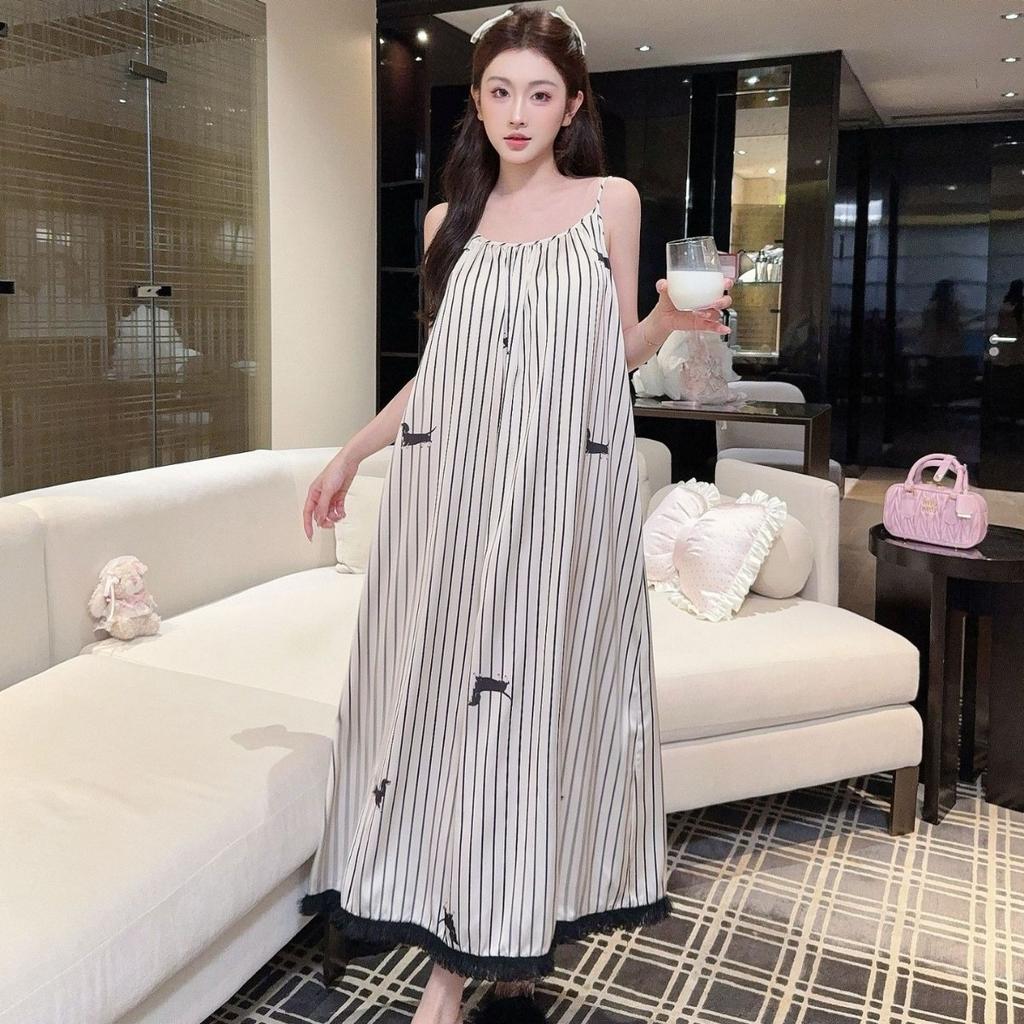 Summer new ice and snow silk dachshund dog striped high-end beautiful back suspender nightdress women's thin can wear long dress
