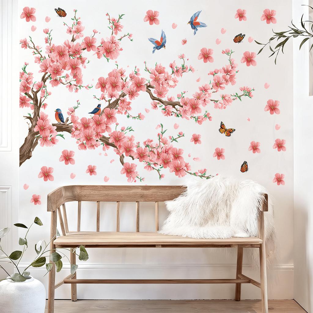 Wall Sticker Branch Cherry Blossom Birds Self Adhesive Wall Decal for Living Room Bedroom Home Decor