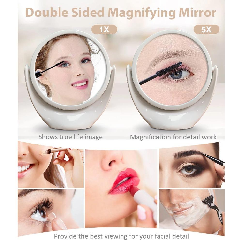 Desktop double-sided 1x / 5x Makeup Mirror 360 ° Rotation, Travel Portable Large Mirror