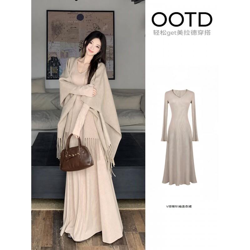 Damen Strick V-Ausschnitt Langes Kleid Mit Passendem Schal Set - Schlanke Passform A-Linie Cardigan Rock Outfit Winter