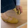 Square Head One-word Buckle with Mary Jane Shoes Women's New Soft Leather Yellow Retro Flat Shoes