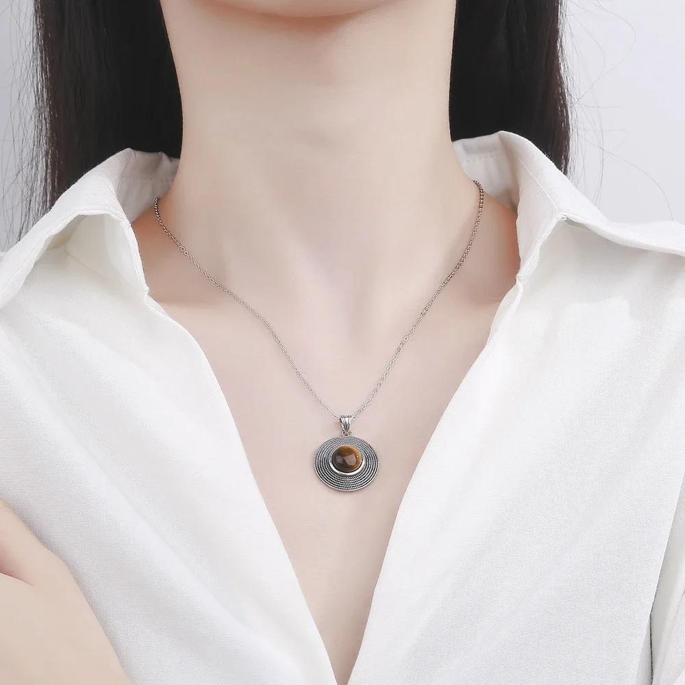 10MM Stone Round Pendant Necklace Silver High Quality Natural Tiger Eye Rhodochrosite Wedding Gift Luxury Jewelry