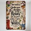 Vintage Rustic Metal Sign Garden Themed Inspirational Quote 'Your Mind Is a Garden' Distressed Wall Decor with Floral Tools for