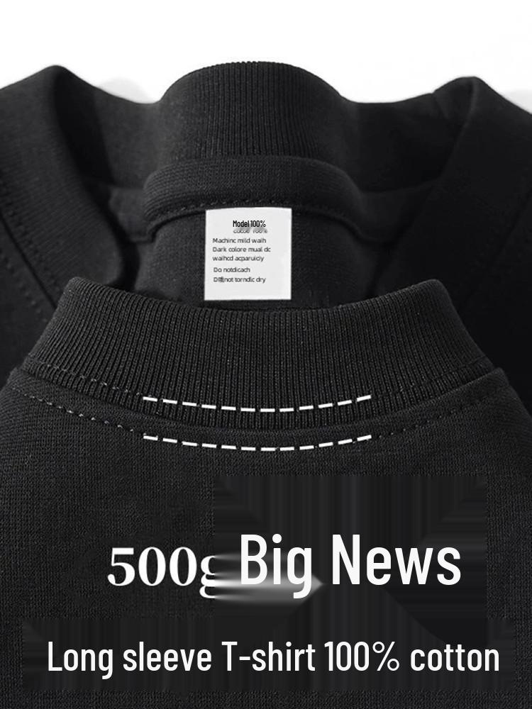 T-shirt Unisex Premium 500g Pesante Grigia 100% Cotone Spazzolato Double-Face a Manica Lunga.