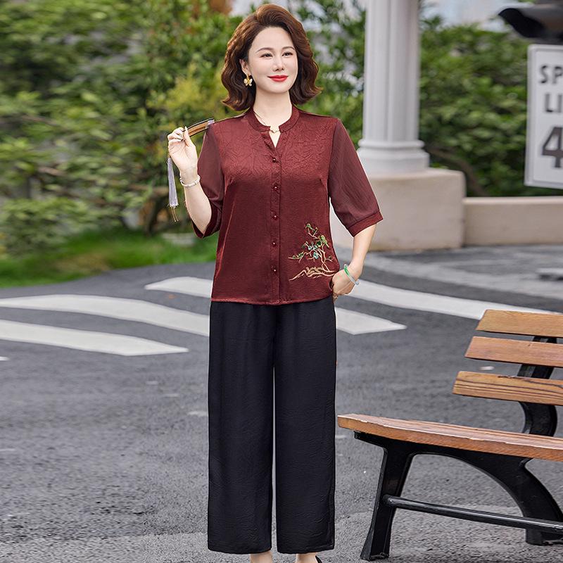 Mom's Stylish 2026 Summer Short-Sleeved Silk Blouse and T-Shirt Set for Middle-Aged and Elderly Women