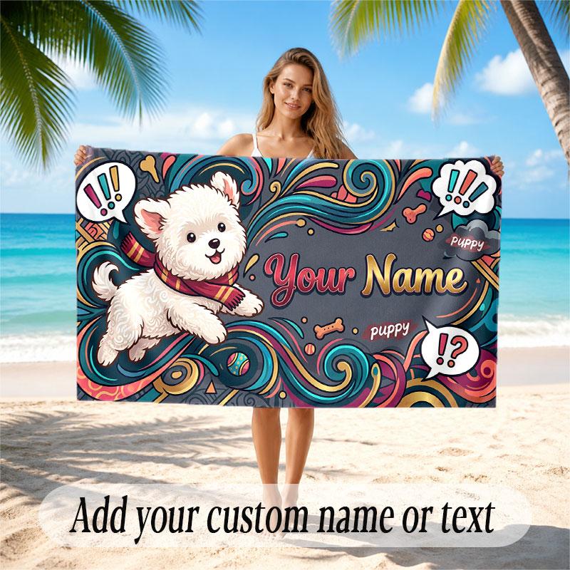Dog Theme Soft Beach Towel Personalized Custom Name Text Towel Portable for Beach Pool Travel
