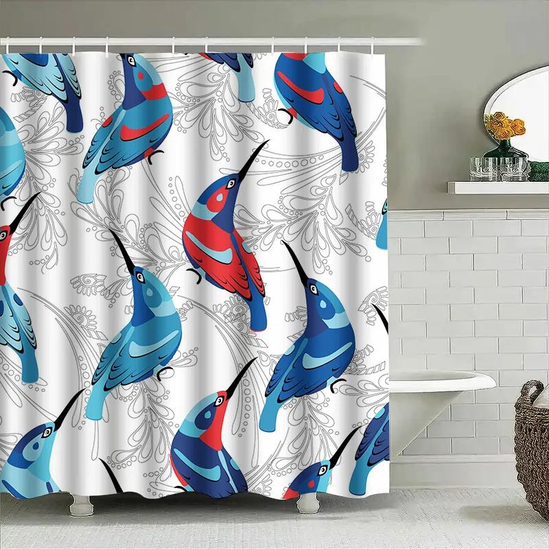 Charming Hummingbird Shower Curtain – Blue & Red Printed Design, Waterproof Bathroom Decor for Home Decoration