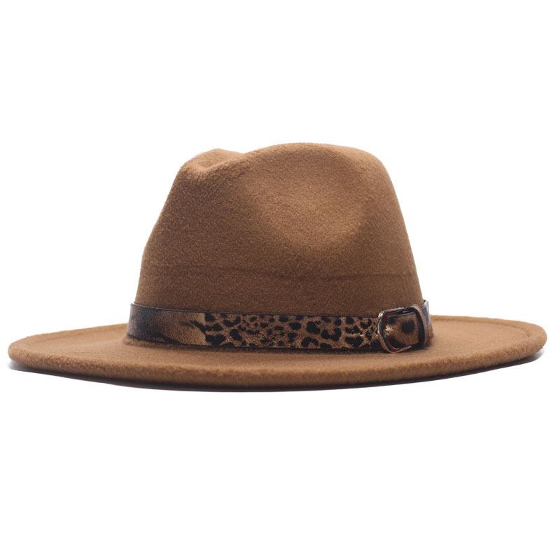 Four seasons flat woolen top hat, metal leopard print belt, big-brimmed felt hat, plain weave top hat