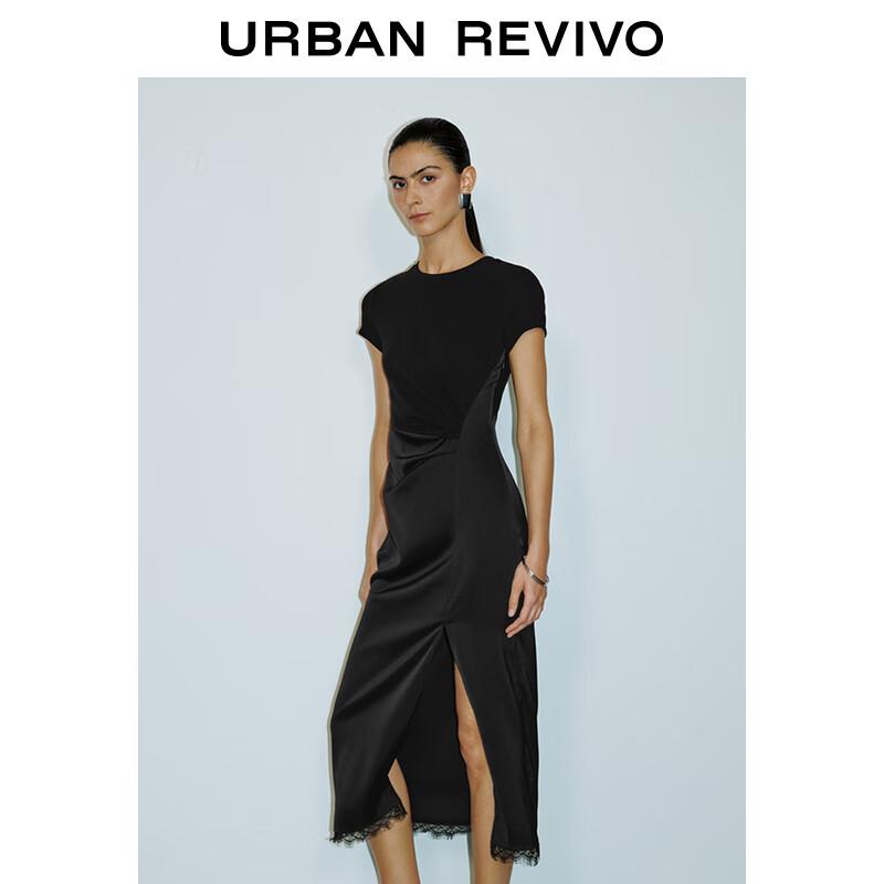 UR 2025 Spring Spliced Lace Pleated Slit Short Sleeve Dress