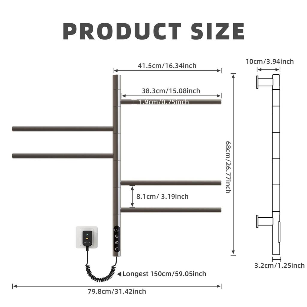SIOYIE Electric Heated Towel Rack, Rotating Towel Warmer, Smart Bathroom Radiator, Plug-In/Hardwired Heater