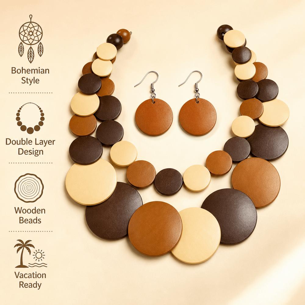 Double Layer Wooden Beaded Necklace Exaggeration Beaded Jewelry Pendant Necklace Beach Vacation