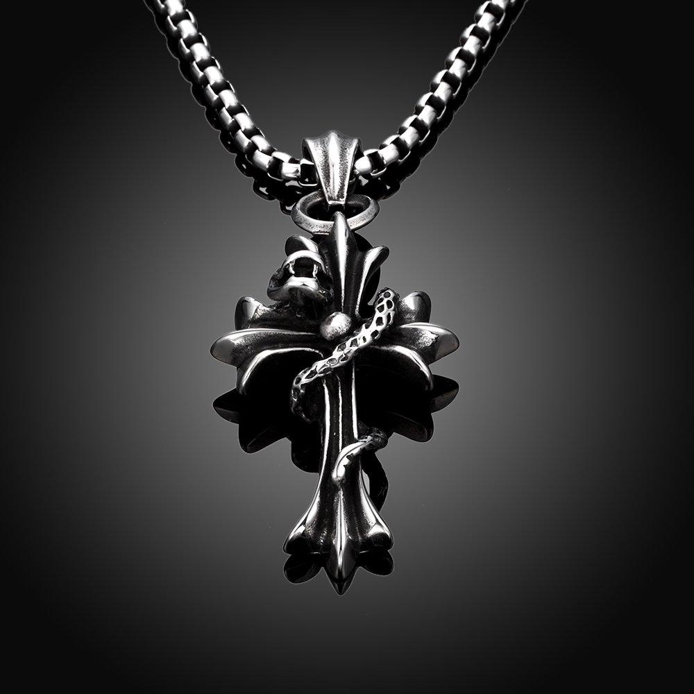 Rockyu Popular Brand Cross Necklace for Men, Stainless Steel, Antique Cross Pendant with Snake and Black Cross and Skull Design
