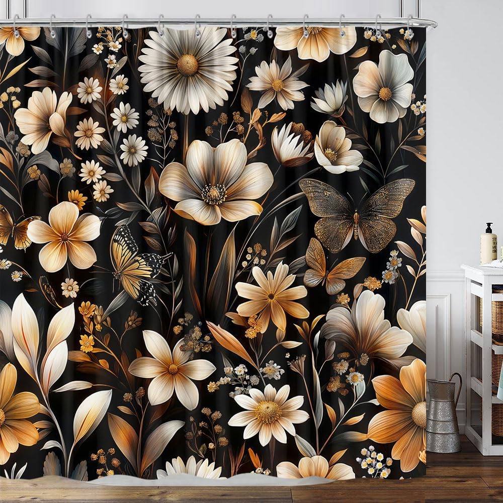Vintage Boho Floral Shower Curtain, Cute Retro Bohemian Flower Botanical Aesthetic Decorative Shower Curtain Set with Hooks
