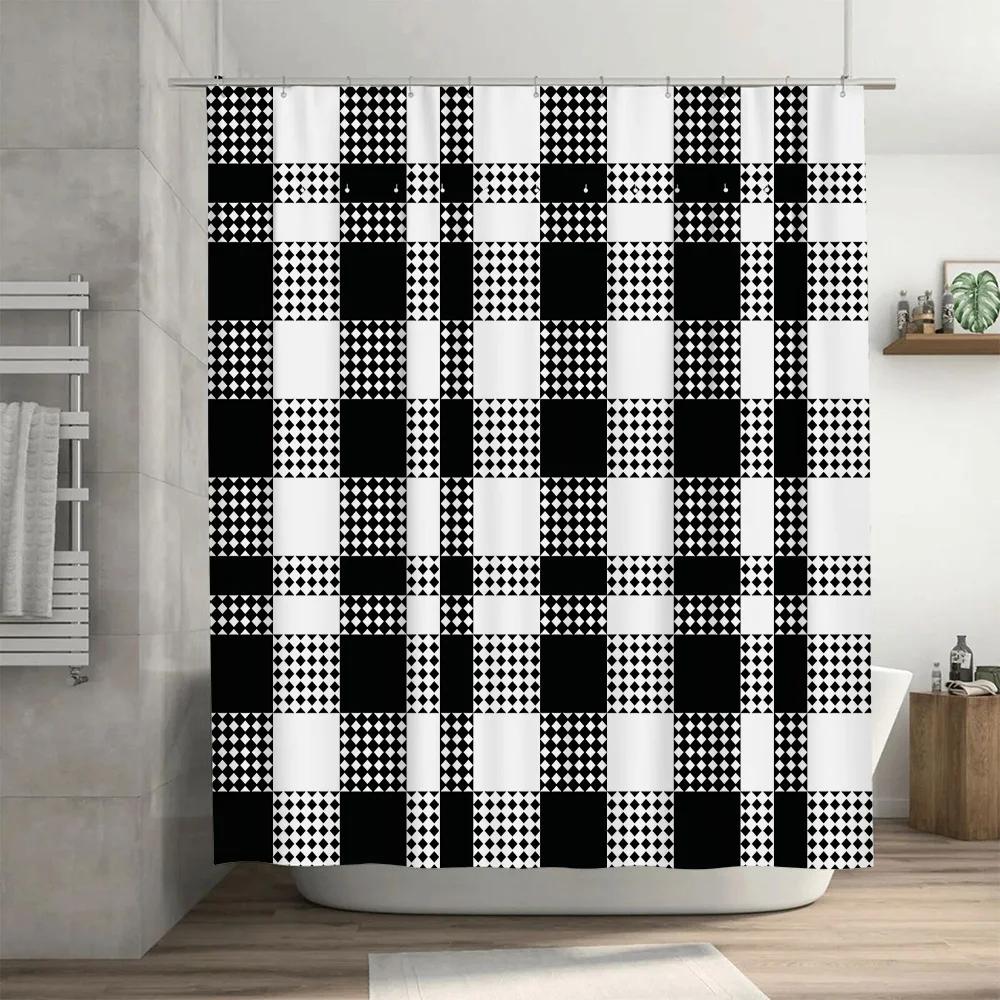 Checkered Shower Curtain: Black And White Bathrooms Decor For Home Supplies Customizable Size Waterproof Fabric With Rings Inclu