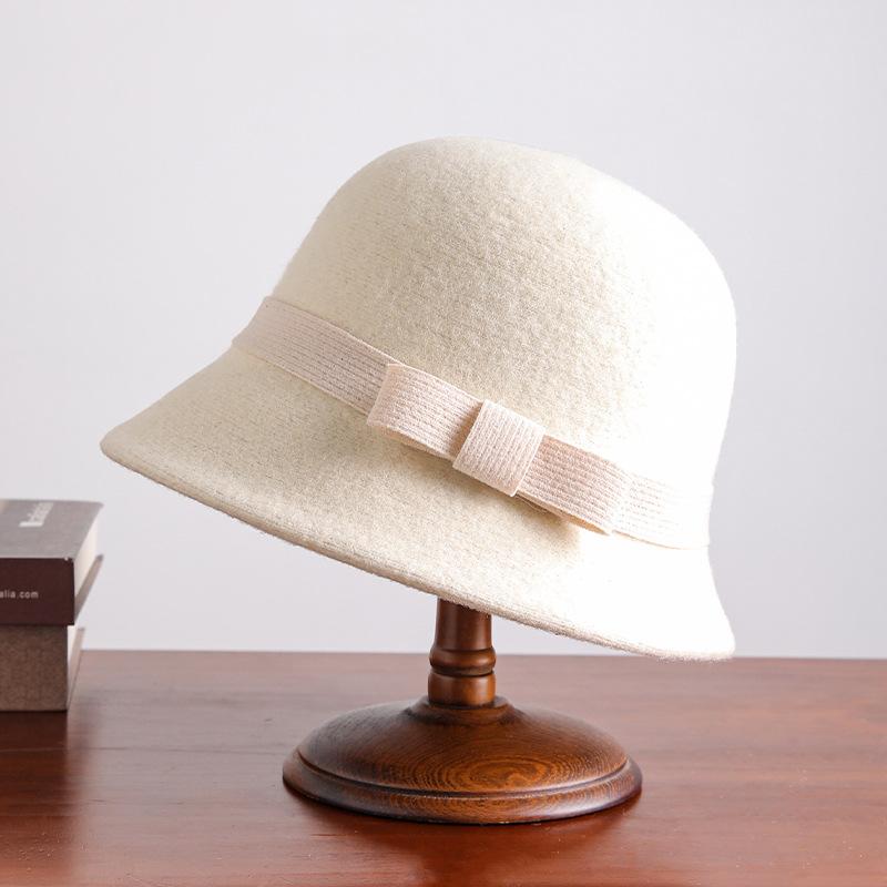 Vintage and Elegant 100% Wool Bow Top Hat for Women's Autumn and Winter New High-quality Warm Fisherman Hat Basin Hat
