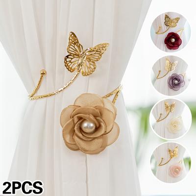 2Pcs Golden Metal Hollow Butterfly Curtain Ties Faux Pearl Flower Design Adjustable Curtain Clips Curtain Holder Suitable for Bedrooms, Living Rooms