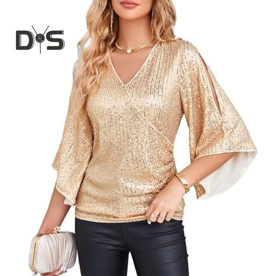 

Женский топ с блестящими пайетками, ажурный рукав три четверти, однотонный свободный пуловер с v-образным вырезом, мягкая дышащая женская блузка для выпускного вечера S золотистый
