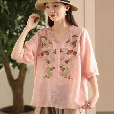 Women Vintage Embroidery Floral T-Shirts V-Neck Half Sleeve Summer Loose Chinese Style Patchwork T-Shirt