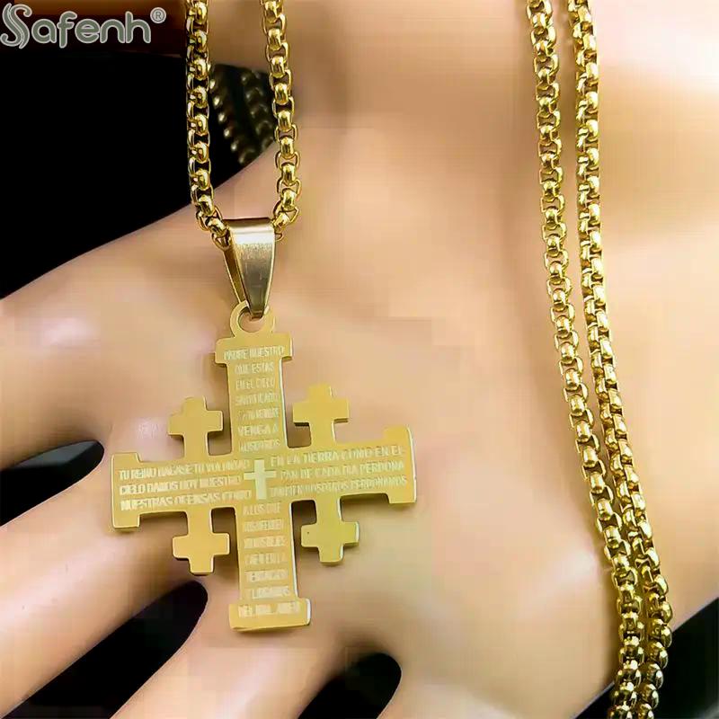 Christian Jerusalem Cross Pendant Necklace For Men Stainless Steel Bible Verse Lord's Prayer Chain Religious Jewelry Collar