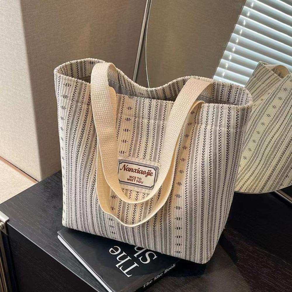 Classic Design Commuting Shoulder Bag Simple Striped Shopping Bag Canvas Tote Bag  Women Lady