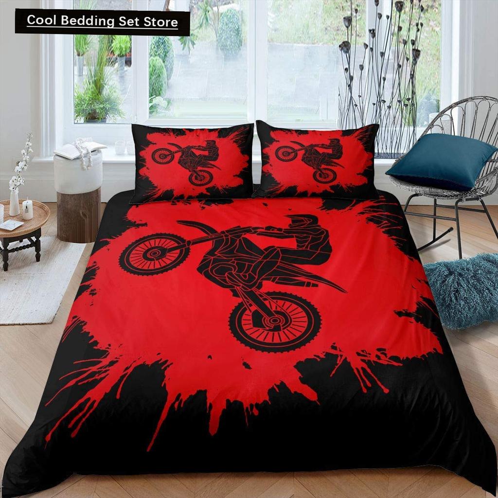 Dirt Bike King Queen Duvet Cover Motocross Sports Bedding Set Motorcycle Quilt Cover Youth Cool Black White Soft Comforter Cover