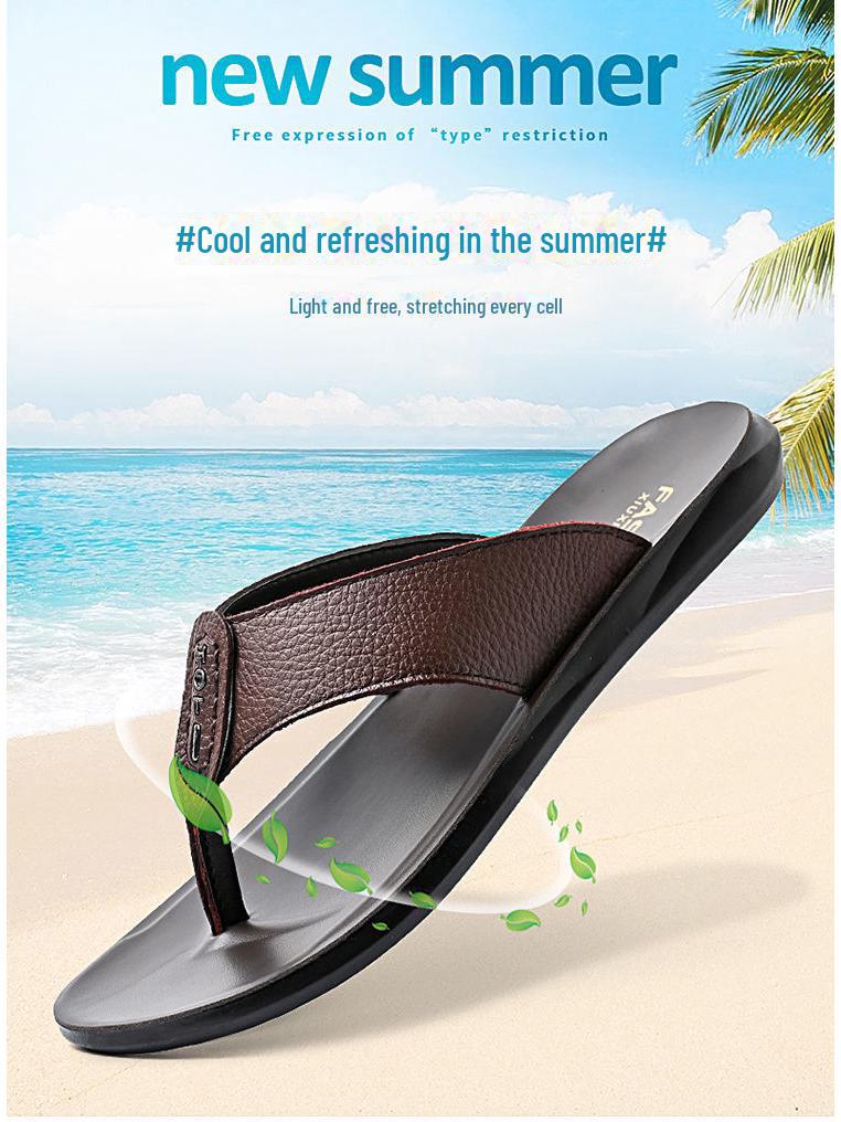Men's Genuine Leather Summer Flip Flops - Breathable Non-Slip Beach & Casual Home Sandals