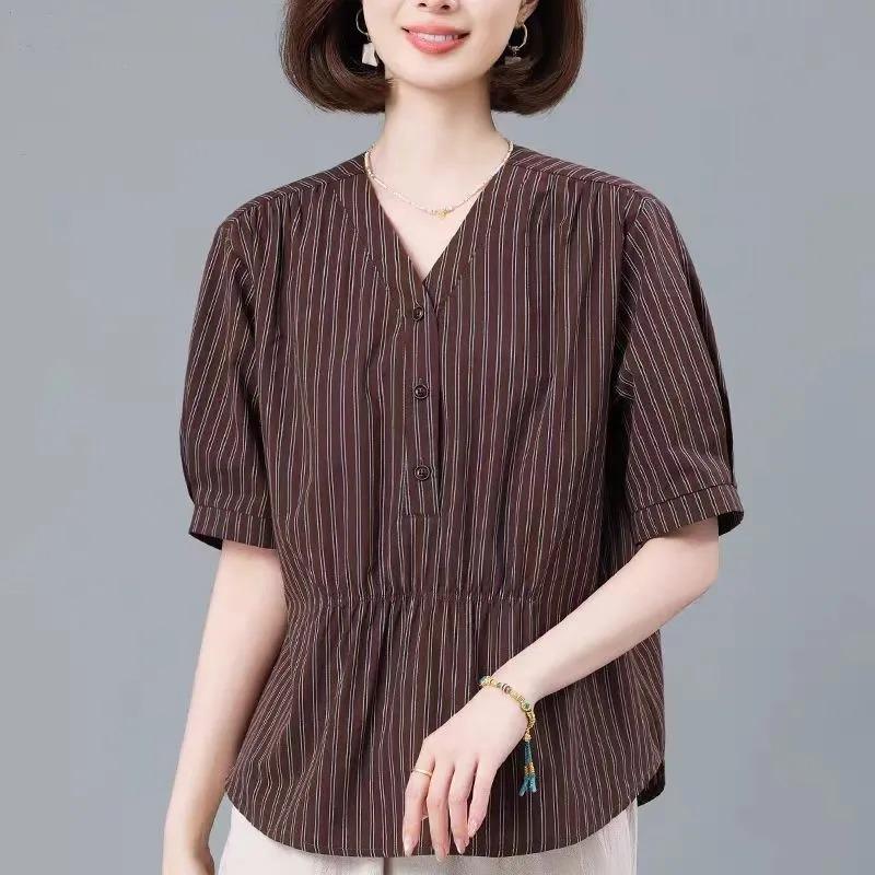Women s Striped V-Neck Blouse with Half-Button Detail Short Sleeve Casual Loose Shirt M коричневый