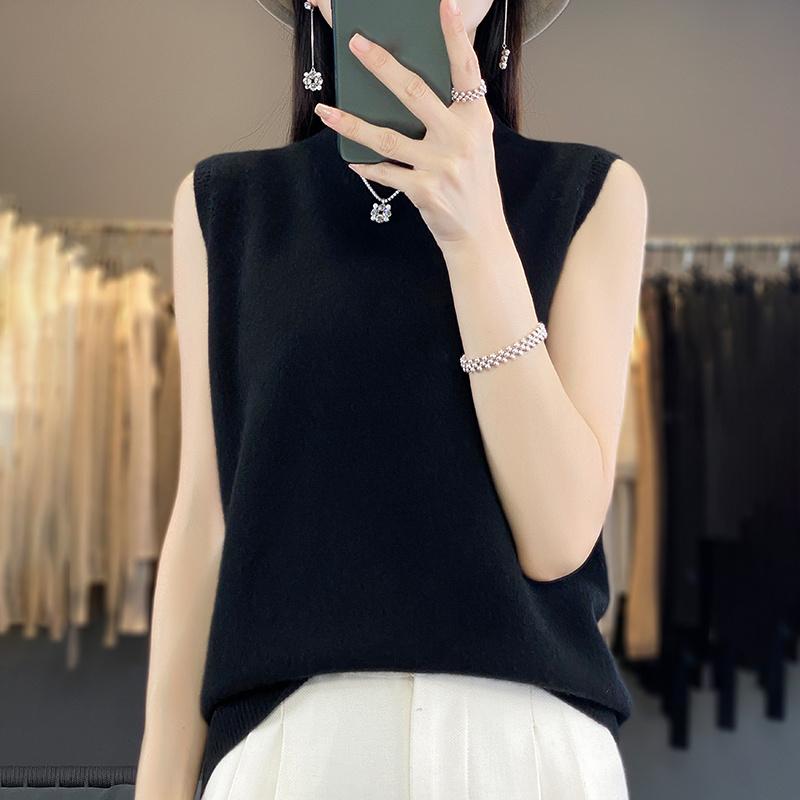 

Женская майка из 100% шерсти без рукавов, СОВРЕМЕННАЯ НОВАЯ SAGA, весенне-осенняя футболка, водолазка, вязаный шерстяной топ, мягкий базовый жилет, женский 2XL чёрный