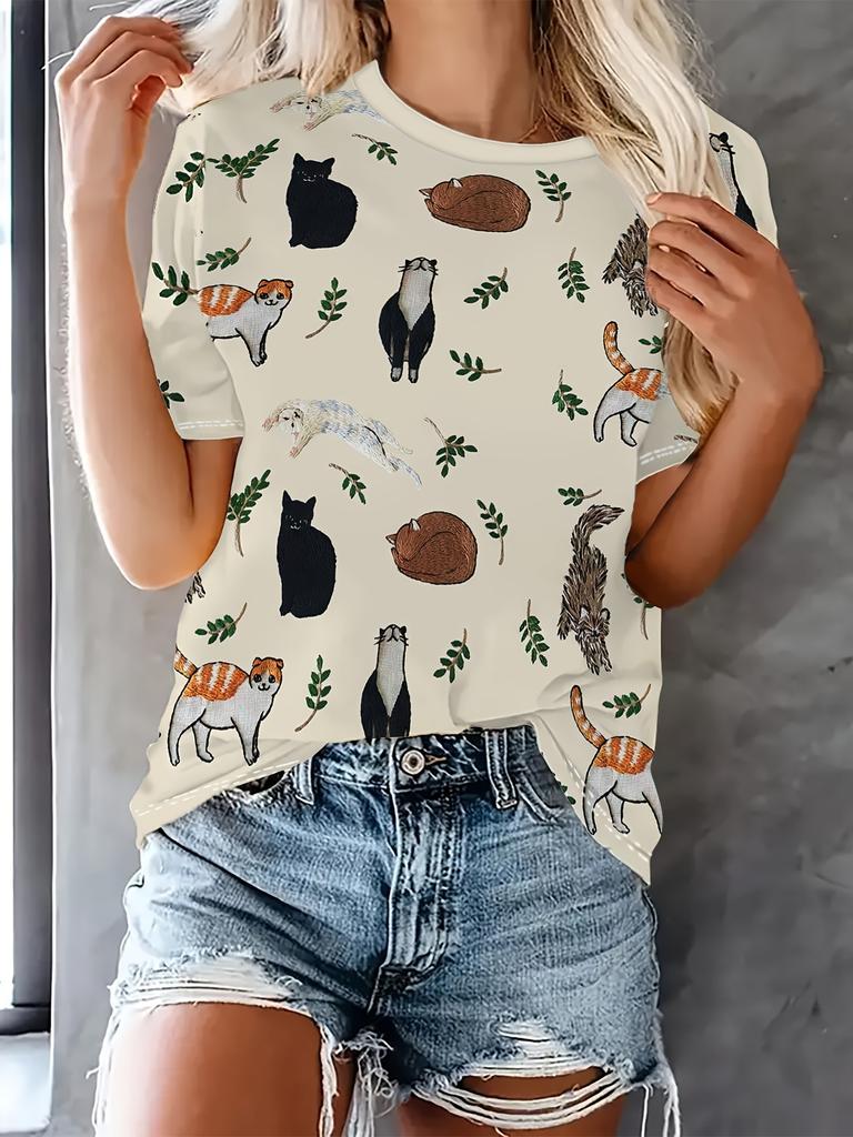 Women's T-Shirt Cat Print Design Harajuku Casual Short Sleeved Top Fashionable Trend Plus Size Women's Clothing