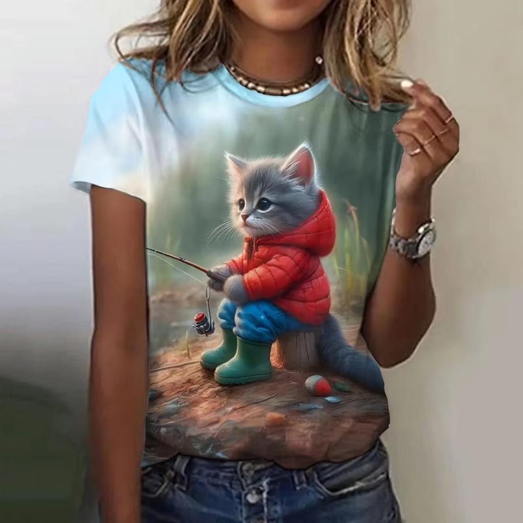 Summer Women's T Shirt Outdoor Fashion Round Neck Short Sleeve 3D Animal Cat Stereoscopic Printing Women's Clothing Shirt